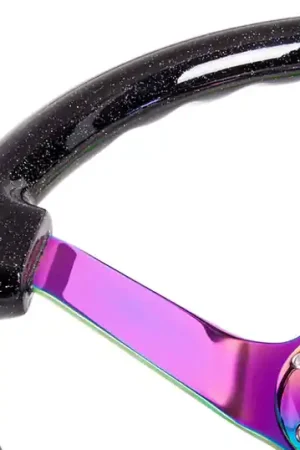 Worldwide Shipping NRG Reinforced Steering Wheel (350mm / 3in. Deep) Classic Blk Sparkle w/4mm Neochrome 3-Spoke Center