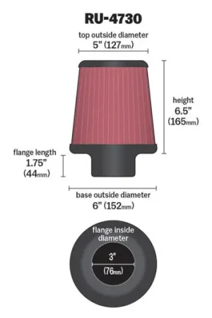 K&N Filter 3 inch Flange 6 inch Base 5 Top 6 1/2 inch Height Warranty Included