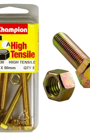Champion Pack of 5 (5x Hex Set Screws, 5x Nuts) M6 x 50mm High Tensile Grade 8.8, Zinc Plated- BM30 In Demand
